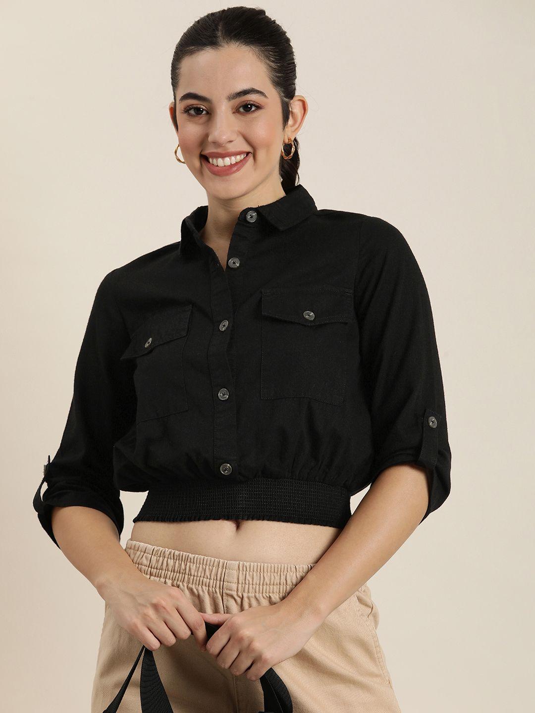 here&now women solid relaxed opaque casual crop shirt