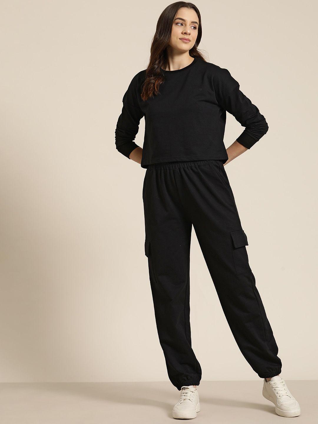 here&now women solid sweatshirt with joggers co-ords