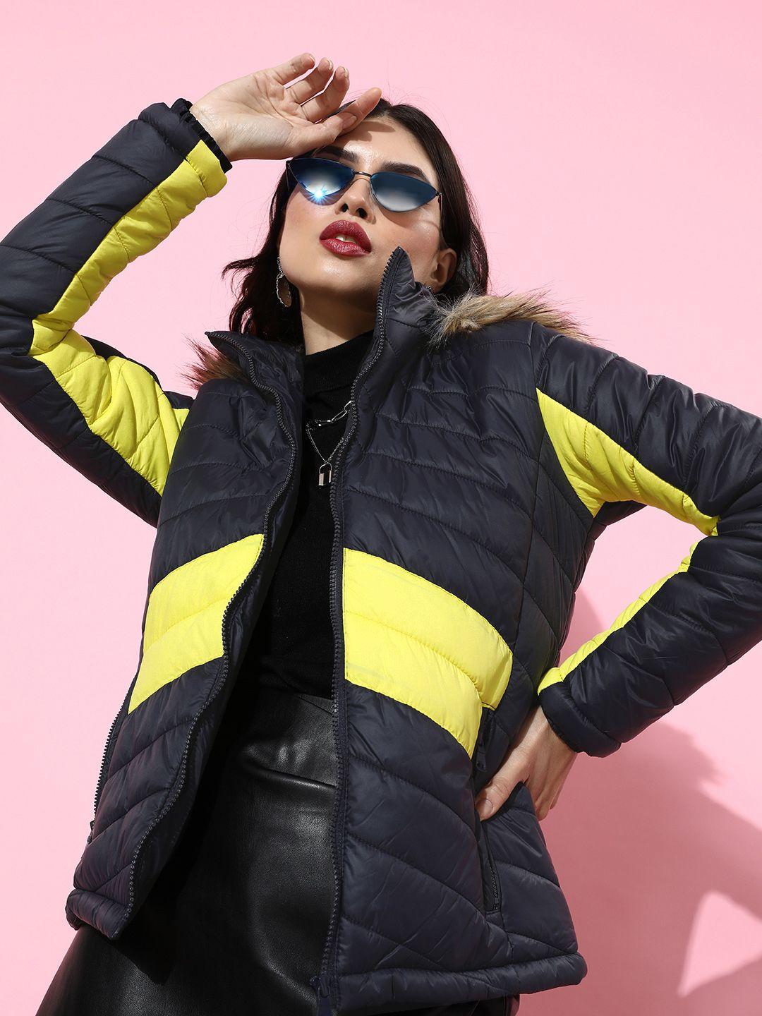 here&now women stylish black colourblocked parka jacket