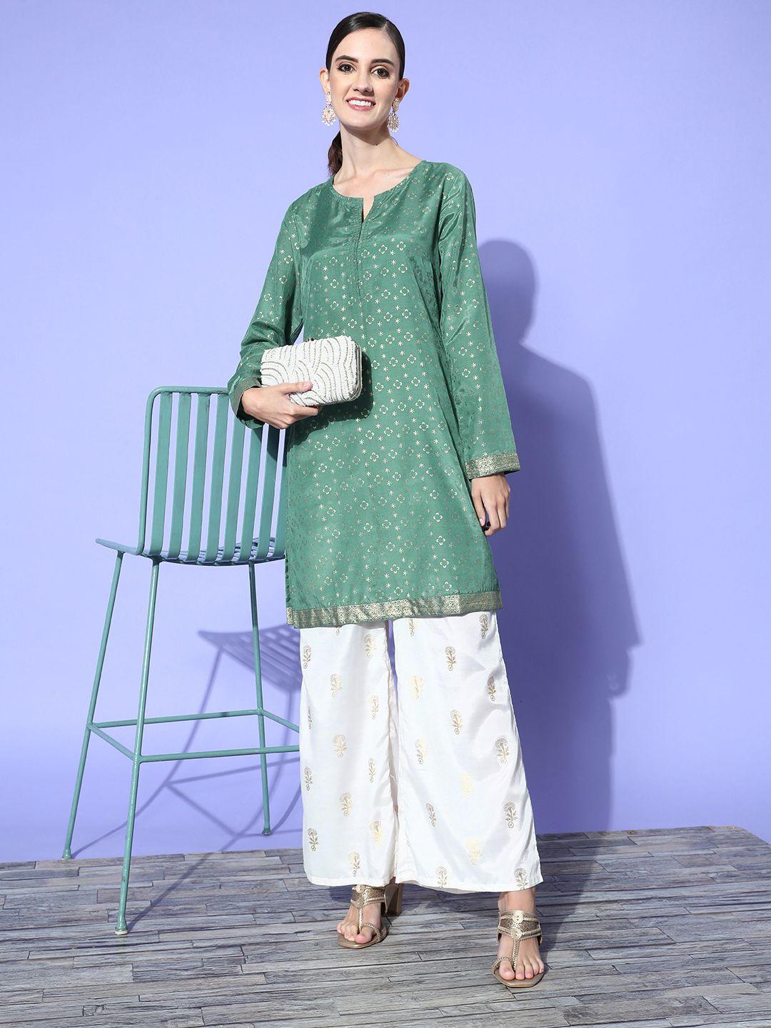 here&now women stylish green polyester hyper texture kurti