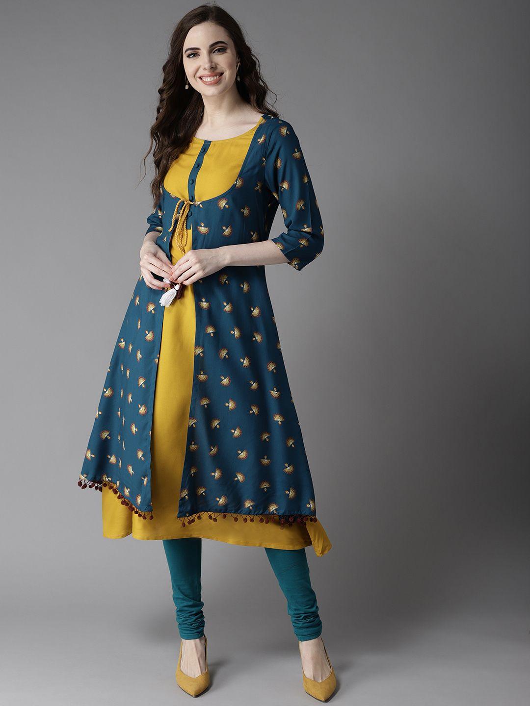 here&now women teal blue & mustard yellow printed layered kurta