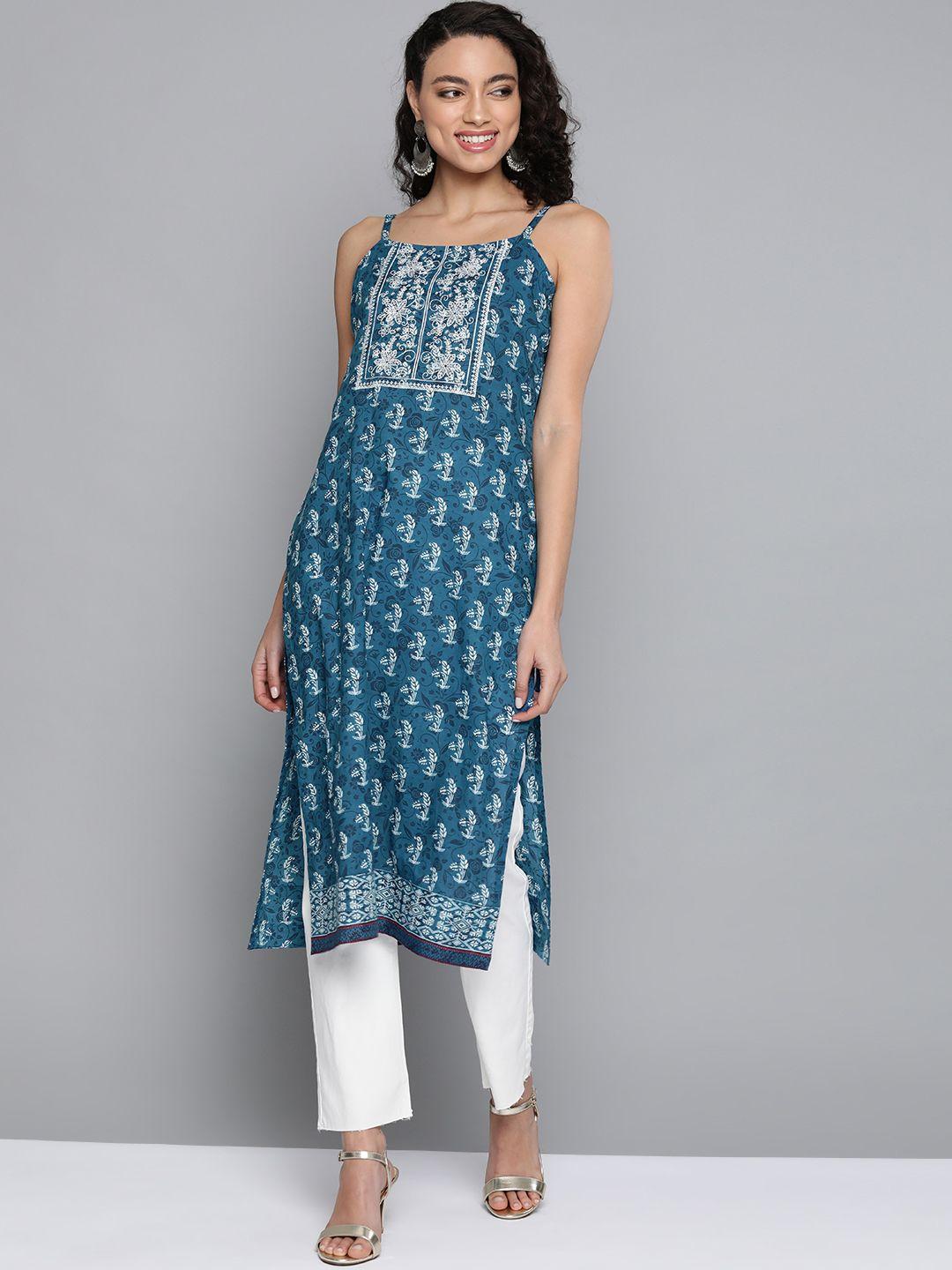 here&now women teal blue & white pure cotton ethnic motif printed straight kurta