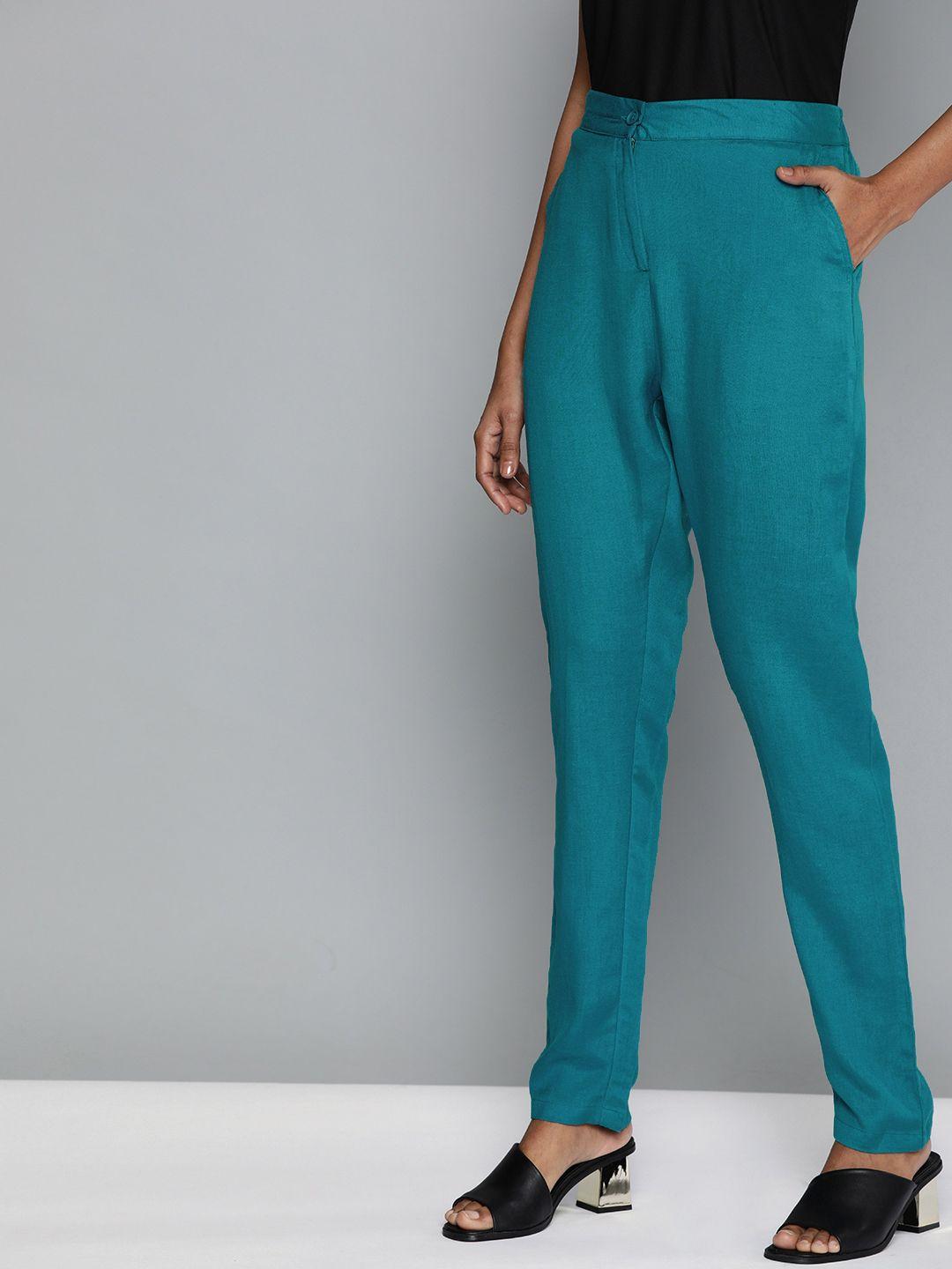 here&now women teal blue regular fit solid trousers