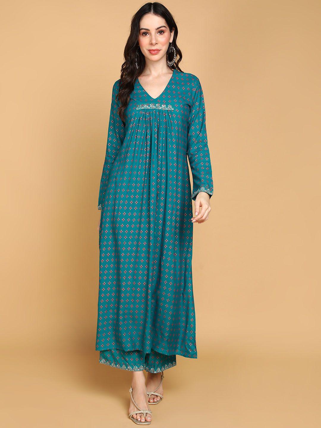 here&now women teal ethnic motifs printed regular thread work kurta with palazzos