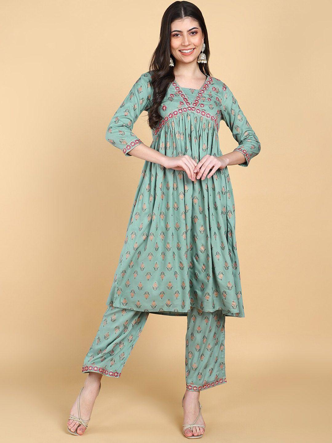here&now women teal floral embroidered empire thread work kurta with palazzos