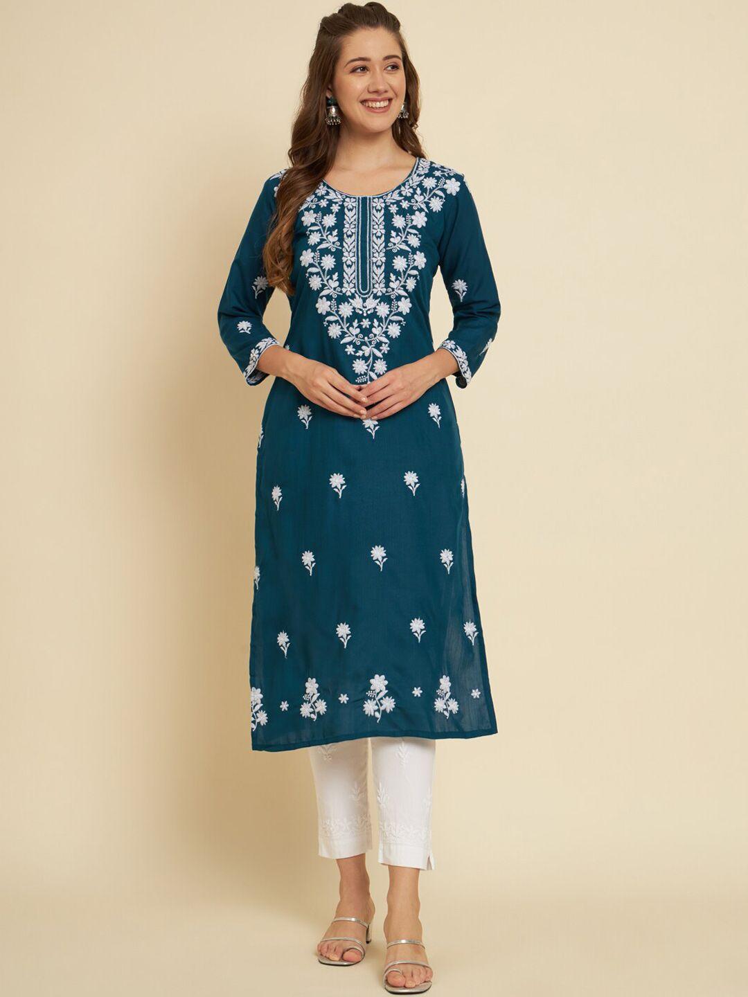 here&now women teal geometric embroidered flared sleeves kurta