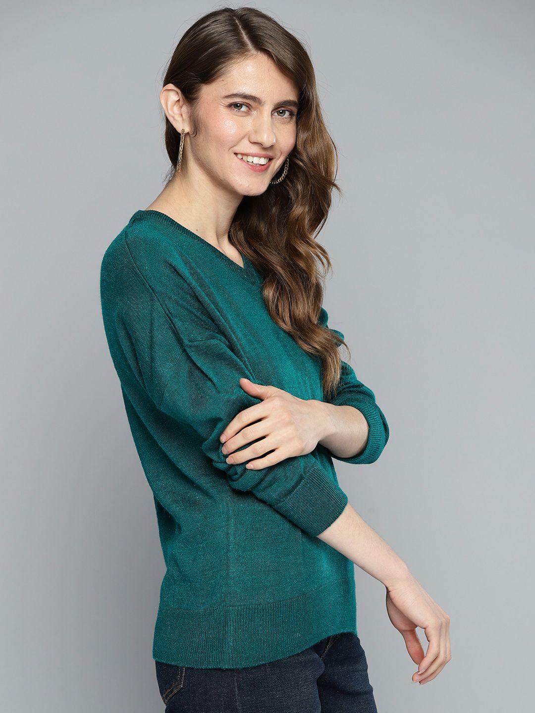 here&now women teal green solid v-neck pullover with sheen detail
