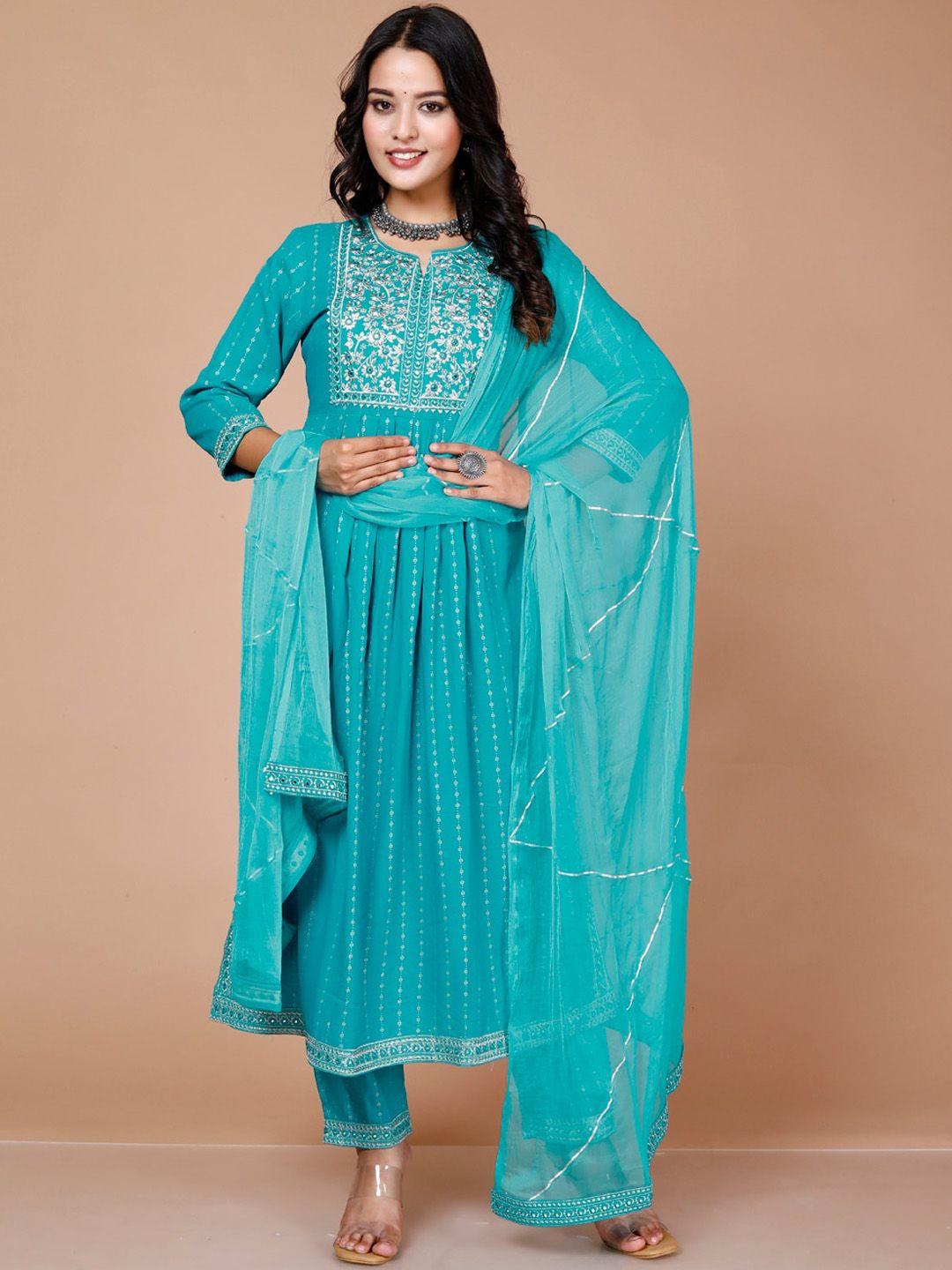 here&now women teal striped empire thread work kurta with trousers & with dupatta