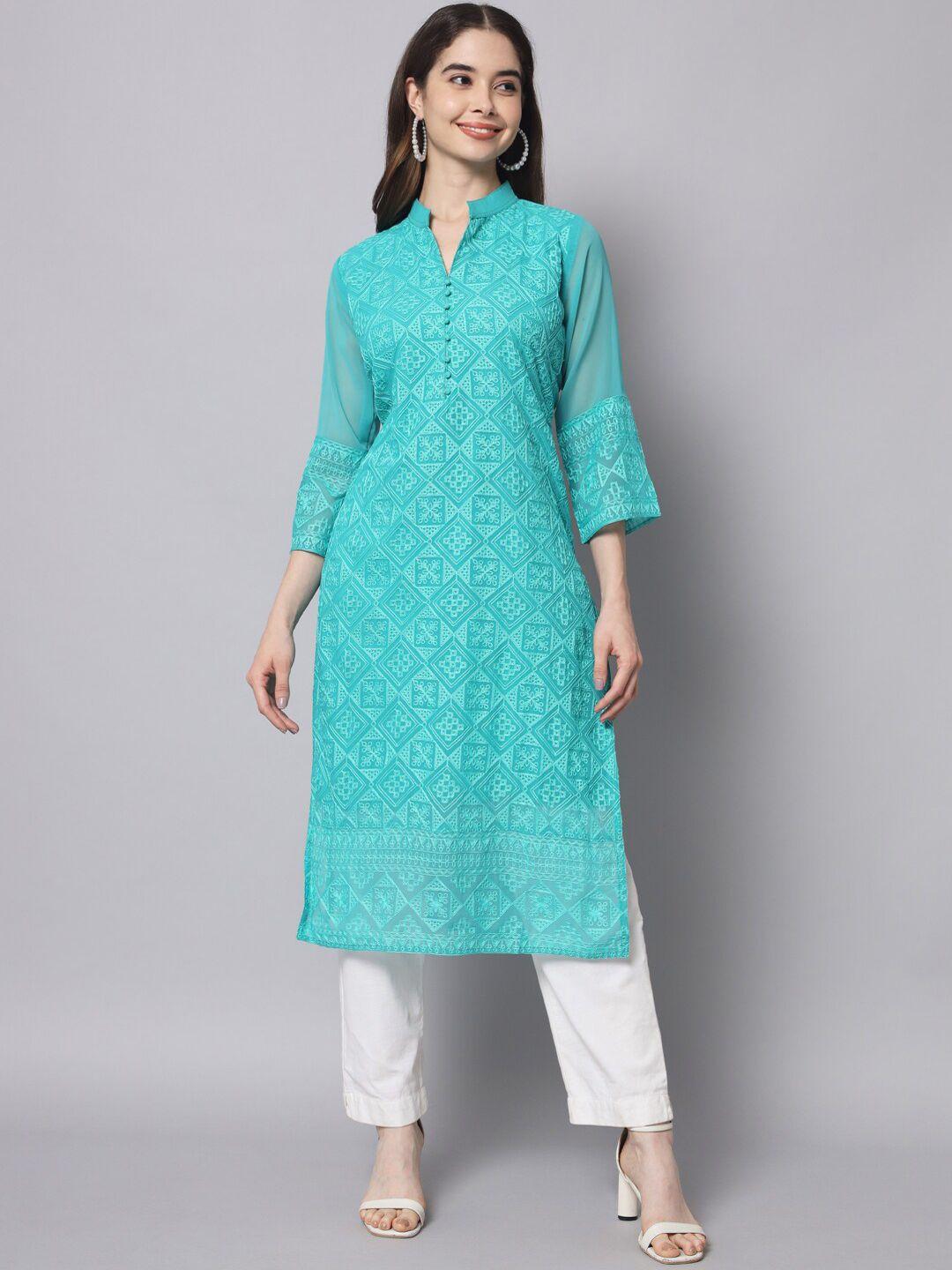 here&now women turquoise blue ethnic motifs embroidered thread work georgette kurta