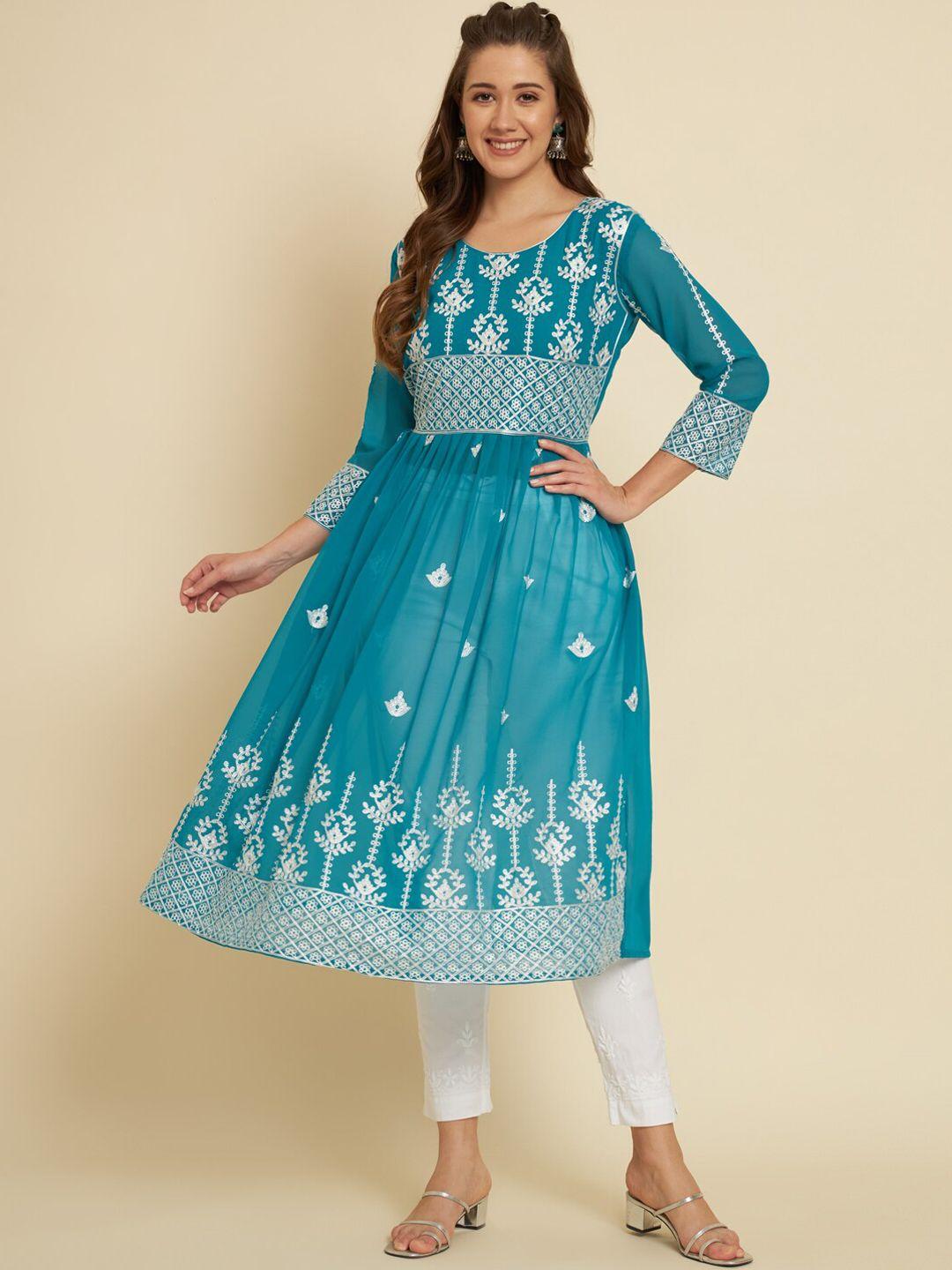 here&now women turquoise blue paisley embroidered flared sleeves mirror work georgette anarkali kurta