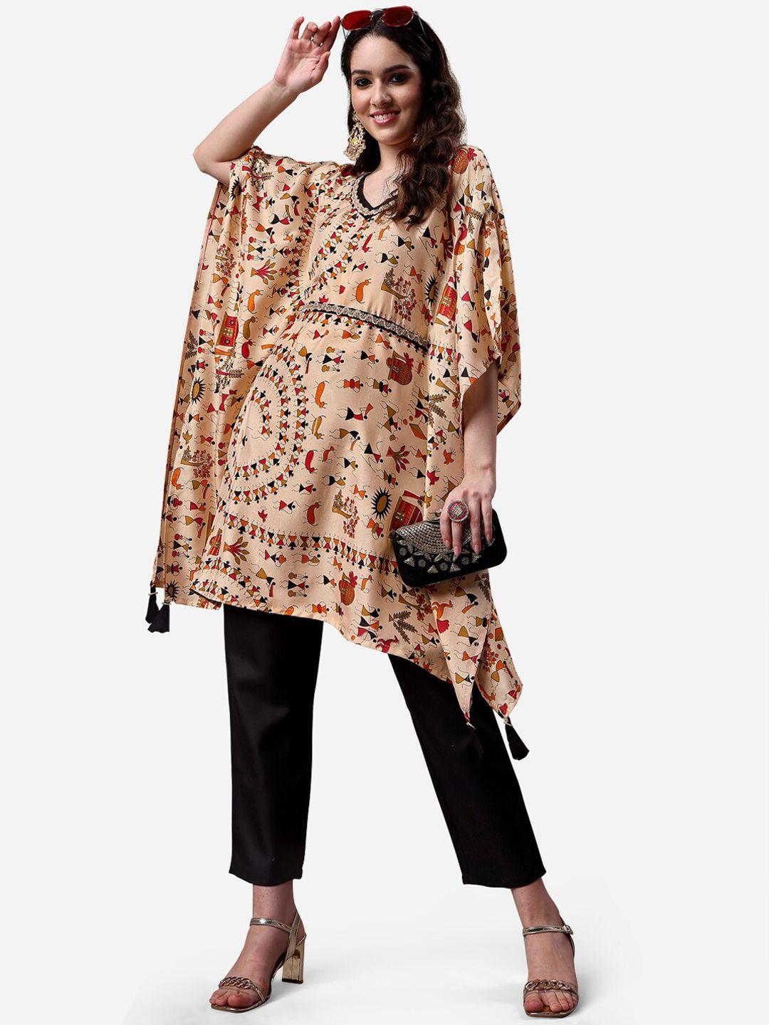 here&now women warli printed kaftan kurta with trousers