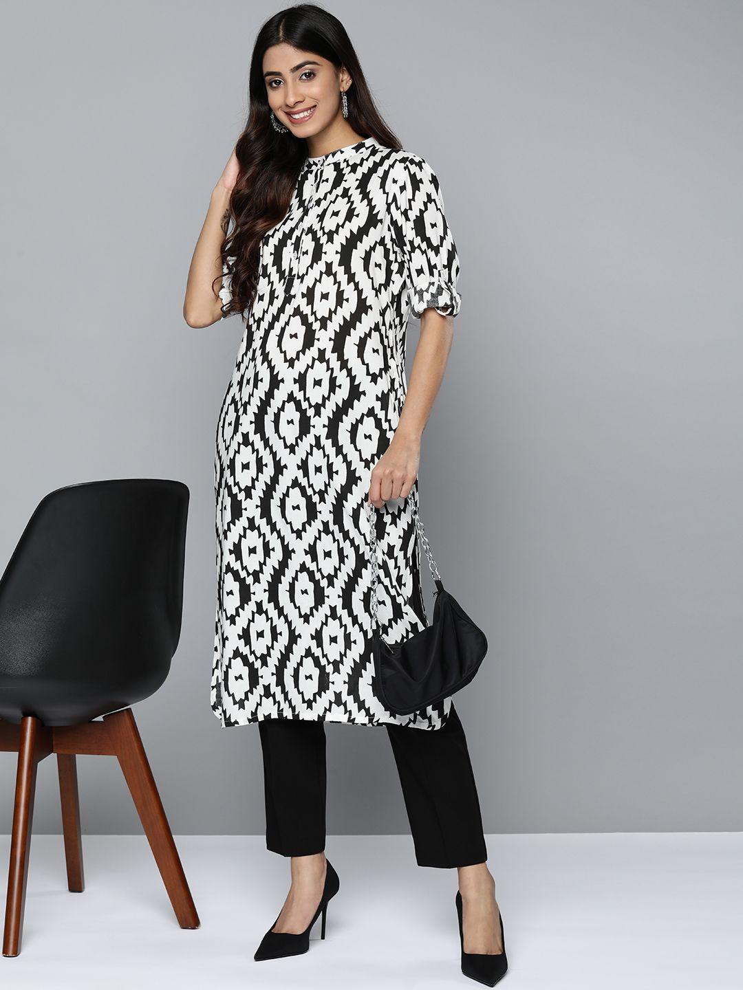 here&now women white & black geometric printed asymmetric kurta