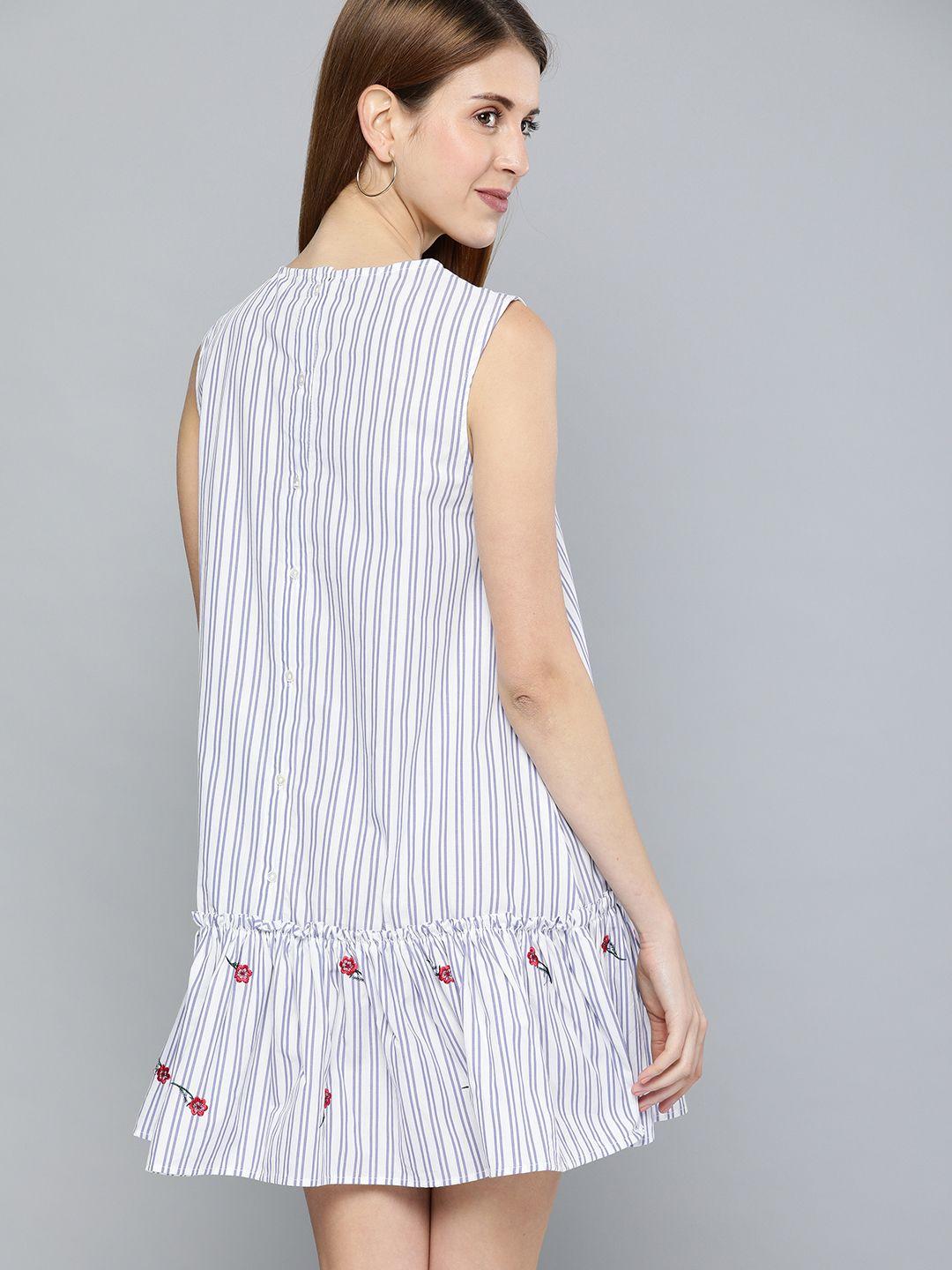 here&now women white & blue striped drop-waist dress with embroidered detailing