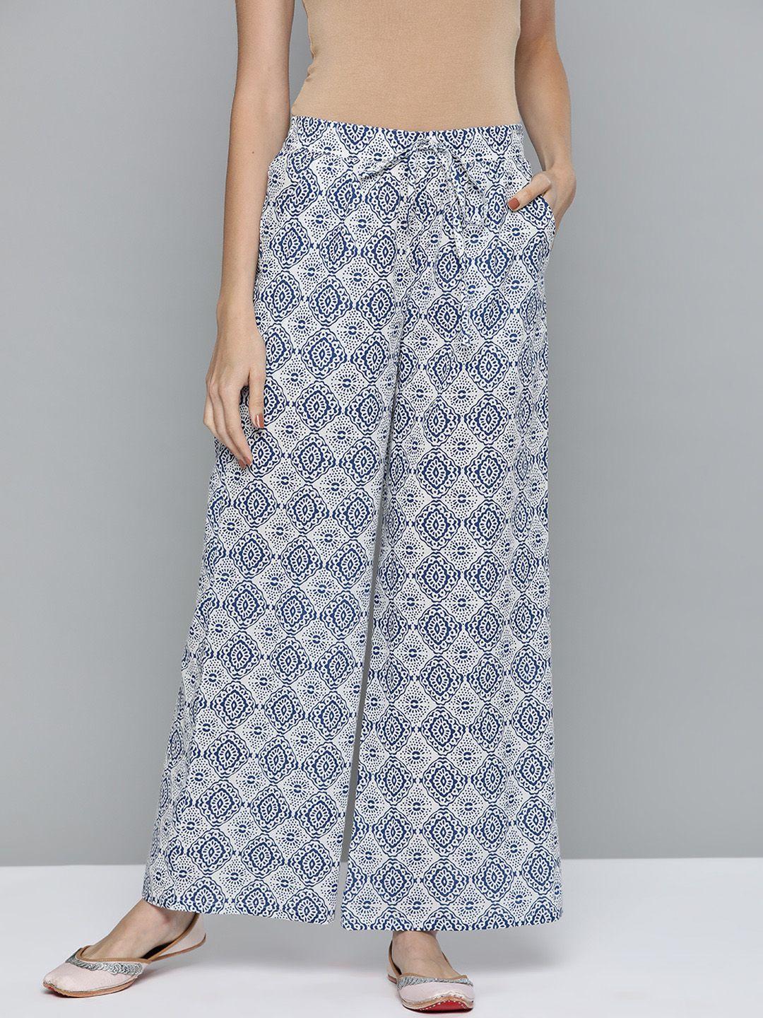 here&now women white & navy blue ethnic motifs printed pure cotton wide leg palazzos