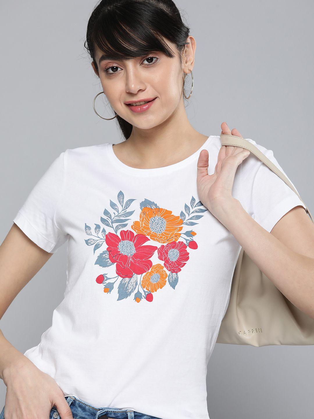 here&now women white & orange floral printed pure cotton t-shirt