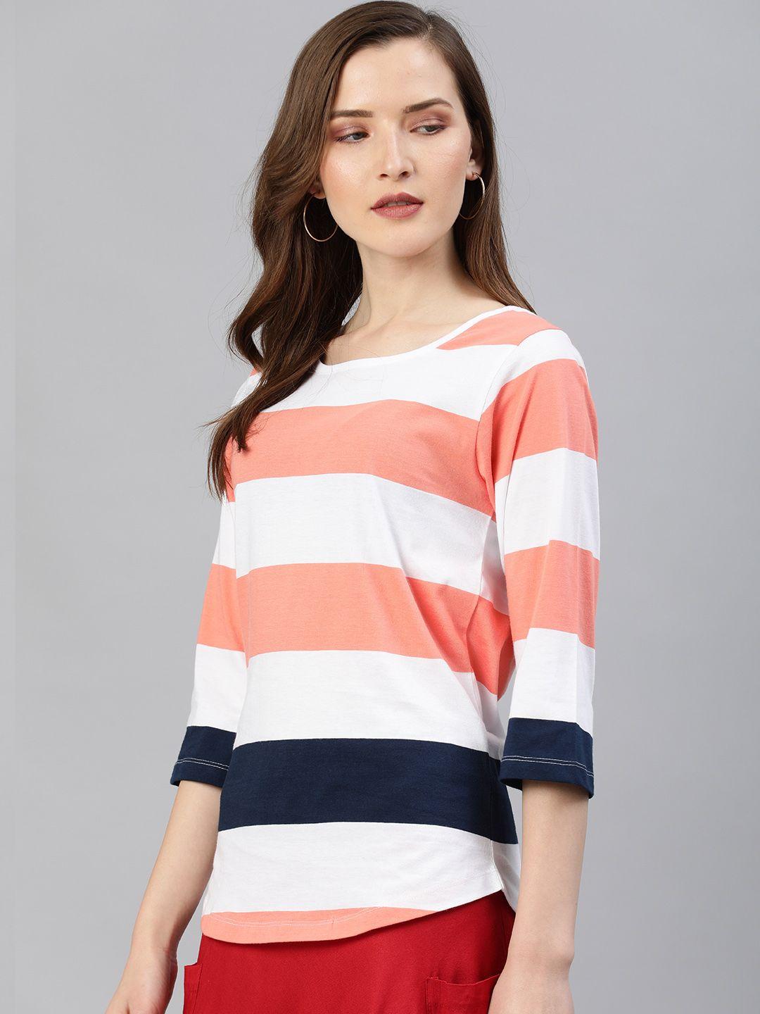 here&now women white & peach-coloured striped round neck t-shirt