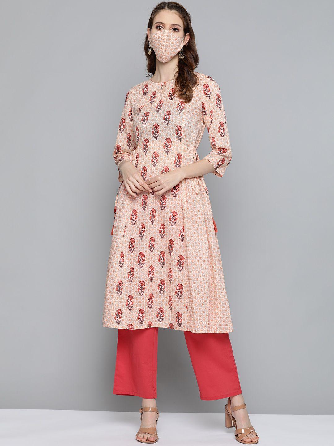 here&now women white  peach-coloured printed a-line kurta