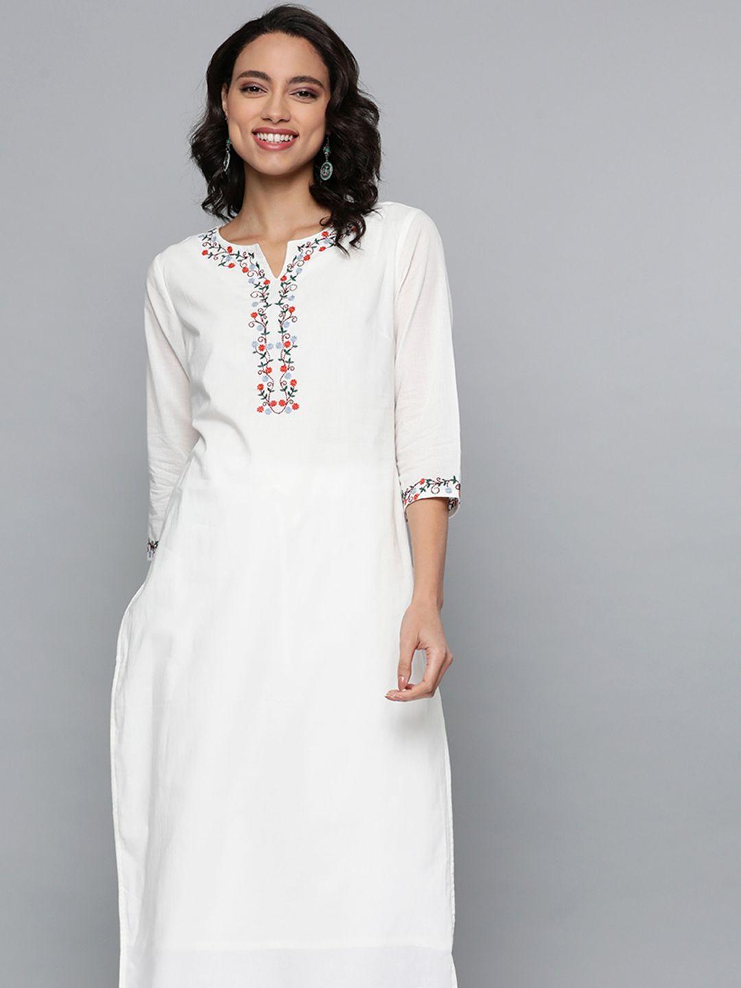 here&now women white cotton straight thread work kurta