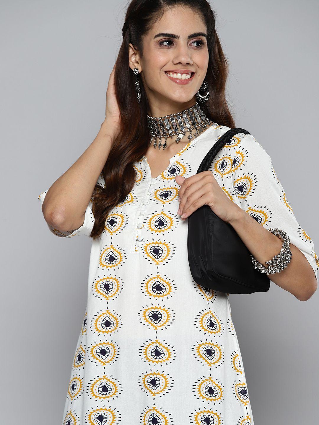 here&now women white ethnic motif printed cotton kurta