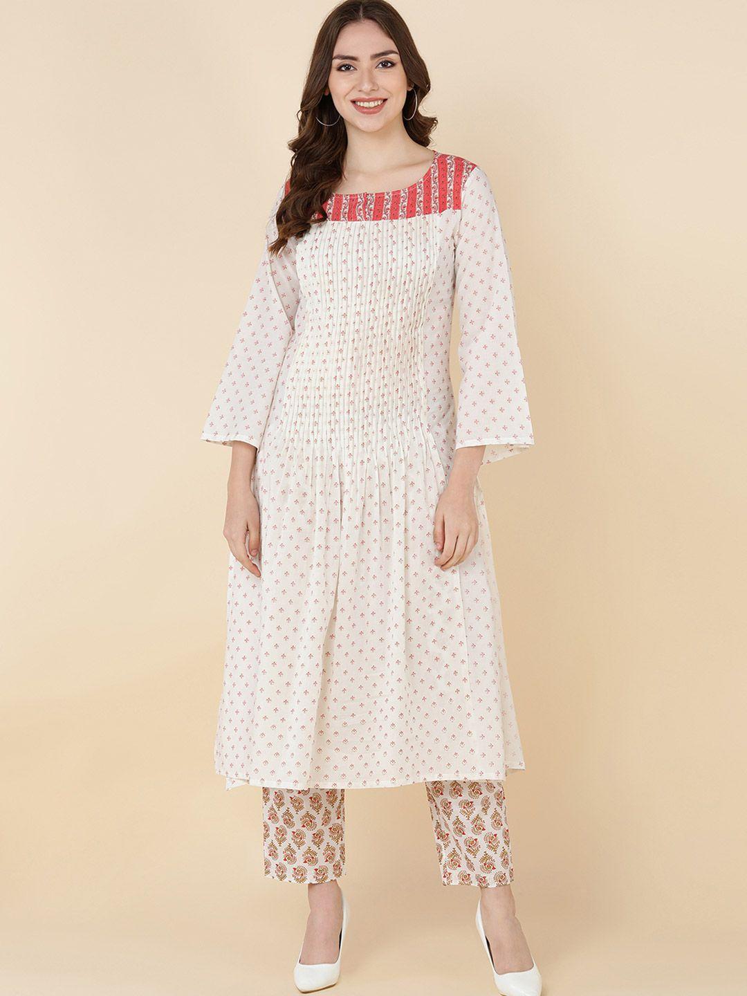 here&now women white floral printed pleated pure cotton kurta with trousers