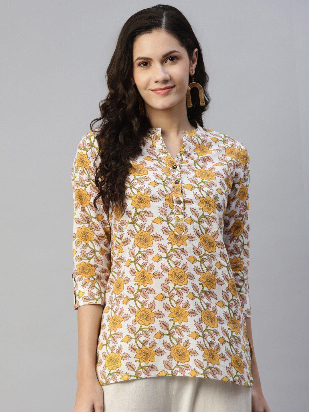 here&now women white floral printed pure cotton kurti