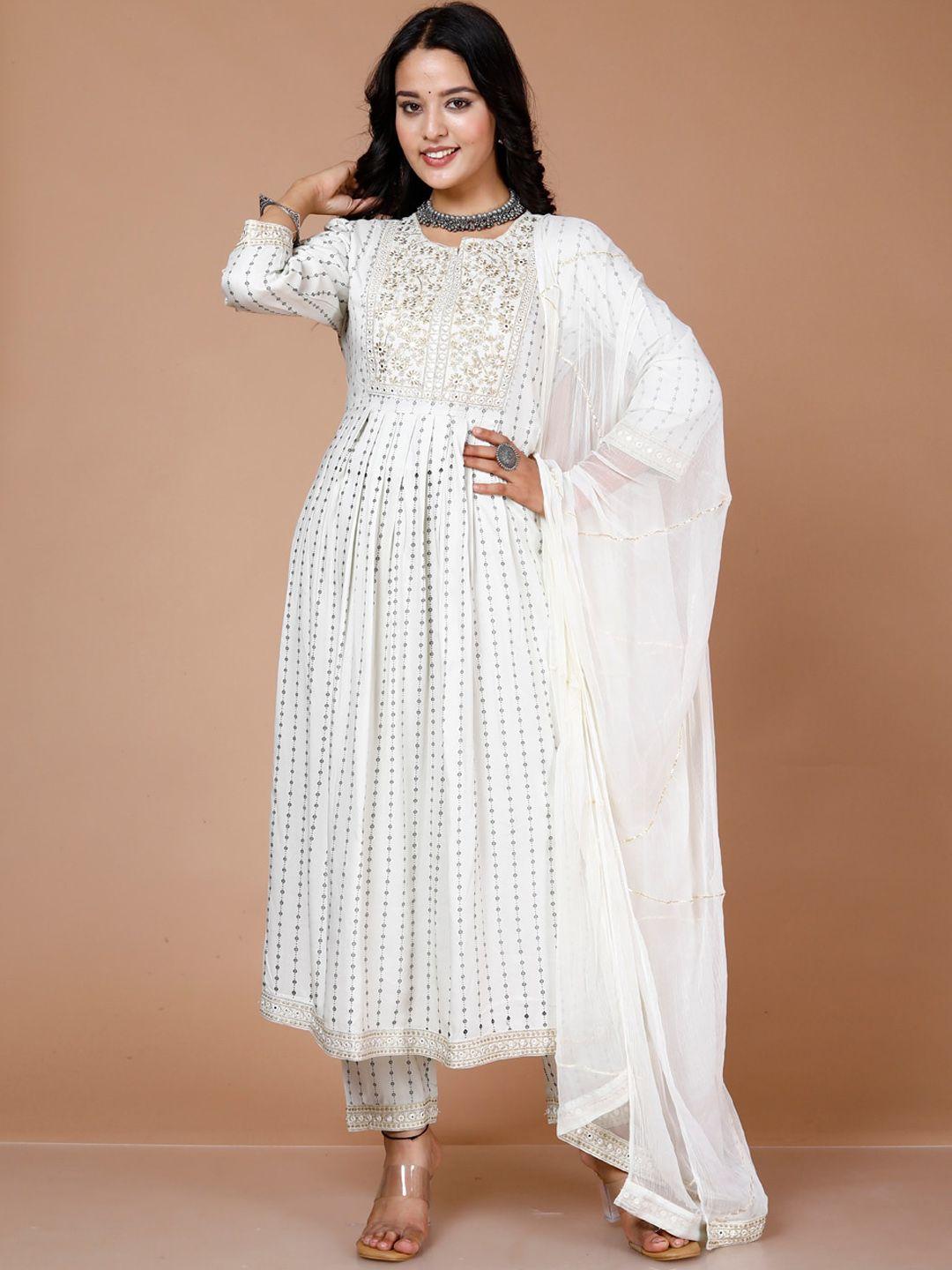 here&now women white printed empire kurta with trousers & with dupatta