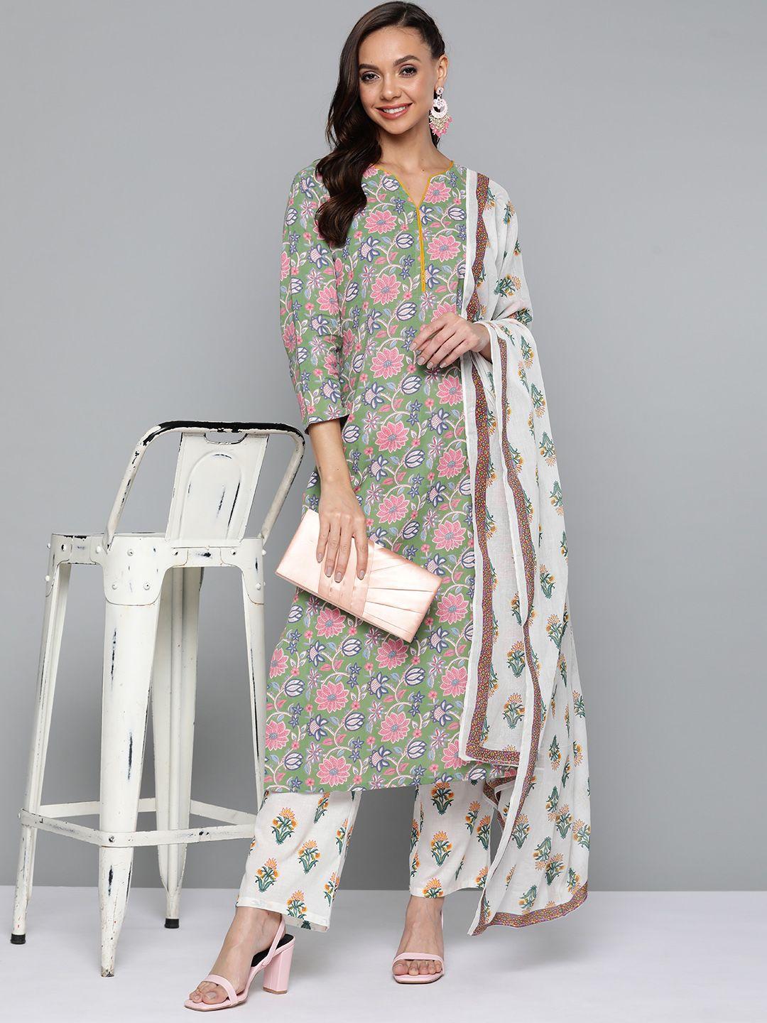 here&now women white printed pure cotton kurta with palazzos & with dupatta