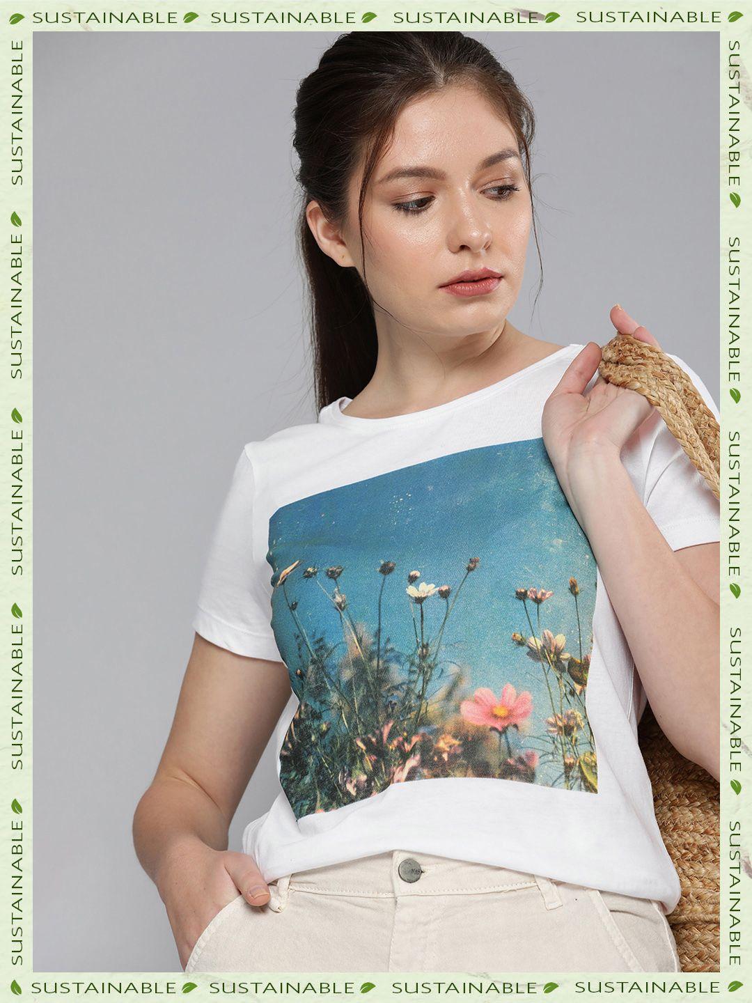 here&now women white printed pure cotton t-shirt