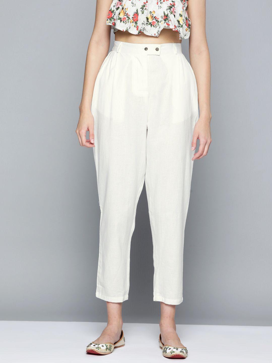 here&now women white solid pleated trousers