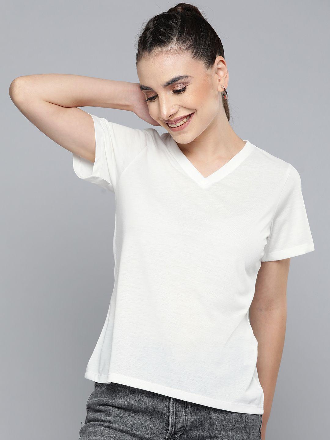 here&now women white solid v-neck t-shirt