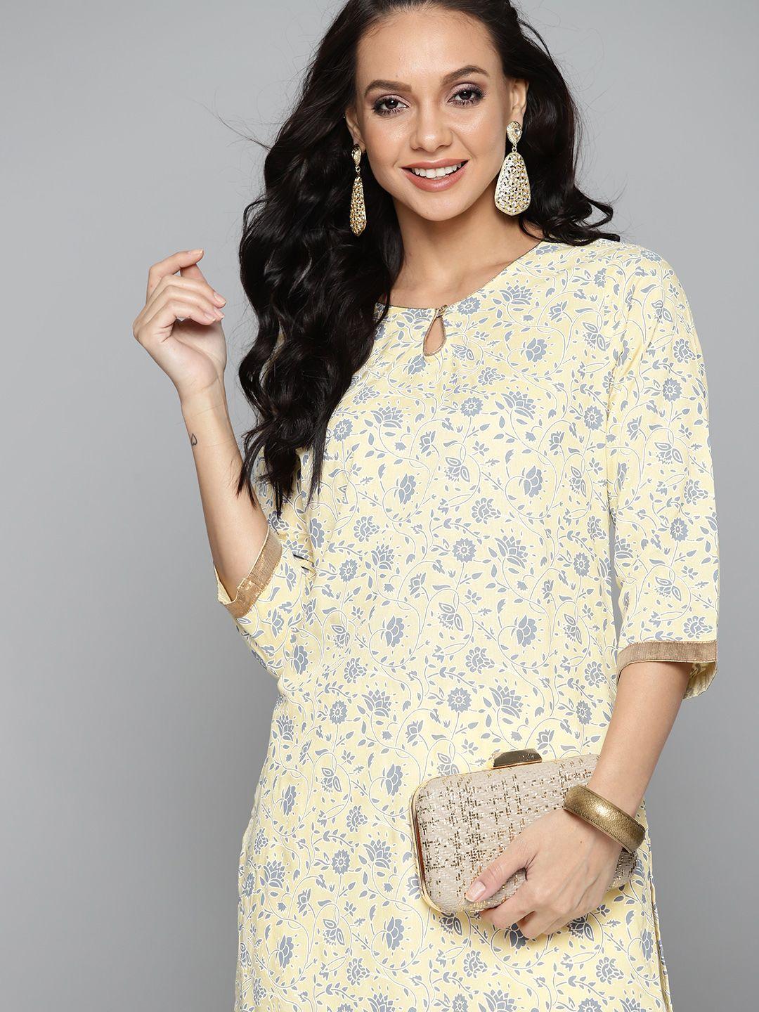 here&now women yellow & grey ethnic motifs printed kurta with trousers