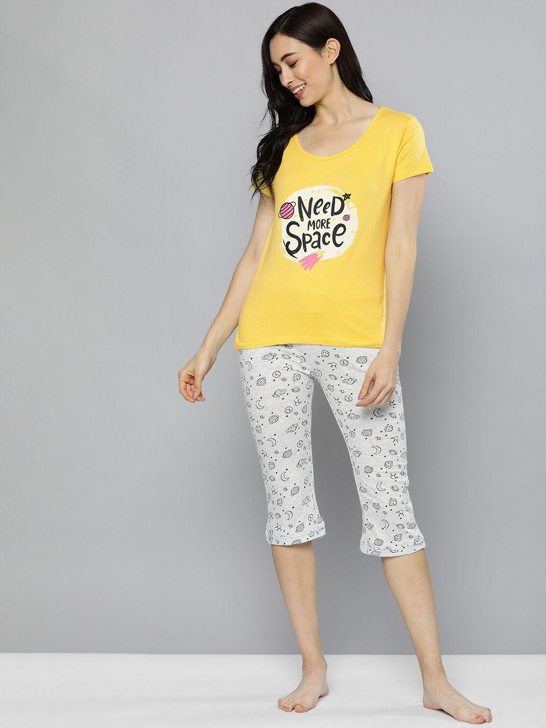 here&now women yellow & grey melange printed pure cotton night suit