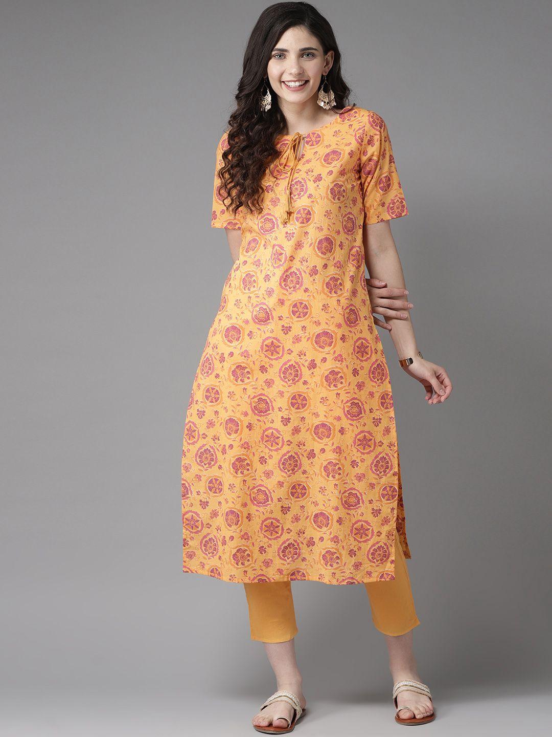 here&now women yellow & pink printed kurta with trousers