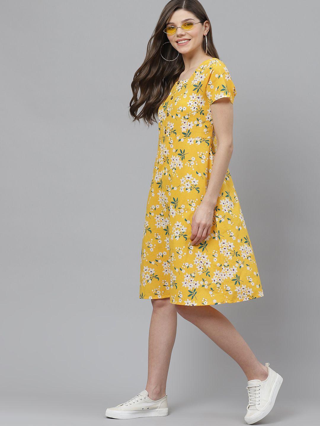 here&now women yellow & white printed pure cotton a-line dress