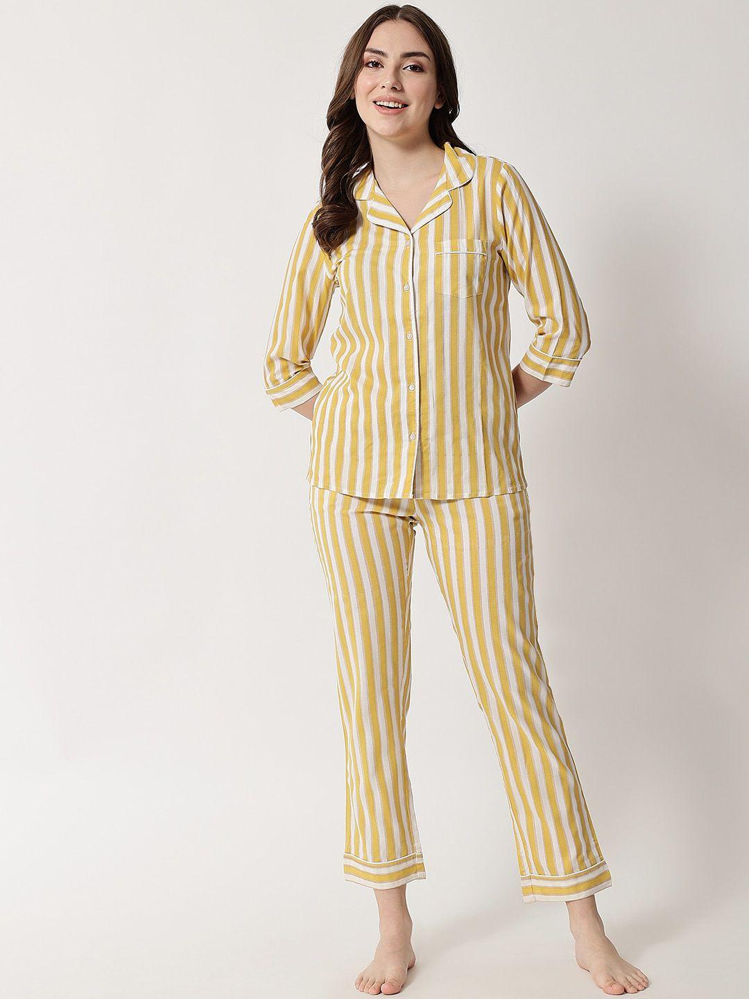 here&now women yellow & white striped pure cotton night suit
