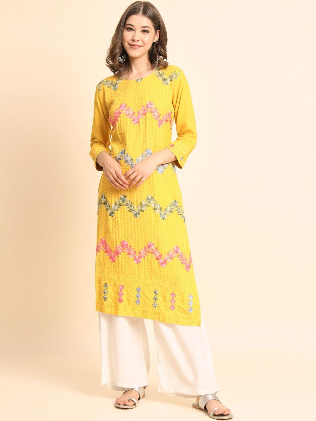 here&now women yellow embroidered keyhole neck flared sleeves thread work kurta