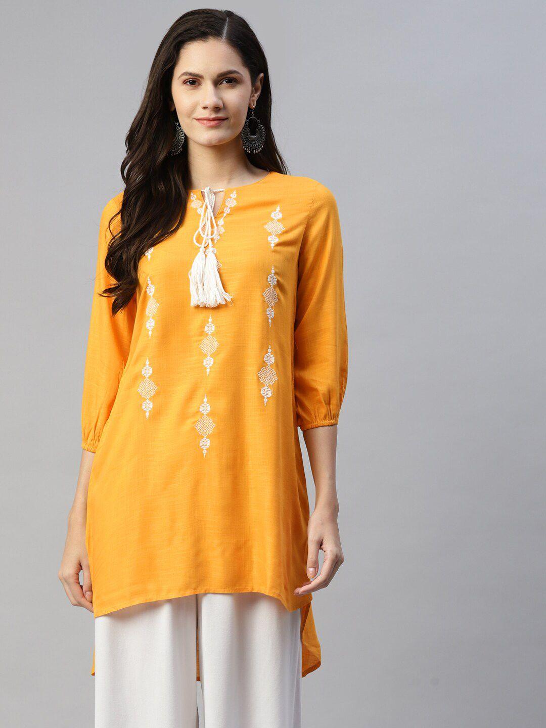 here&now women yellow embroidered kurti