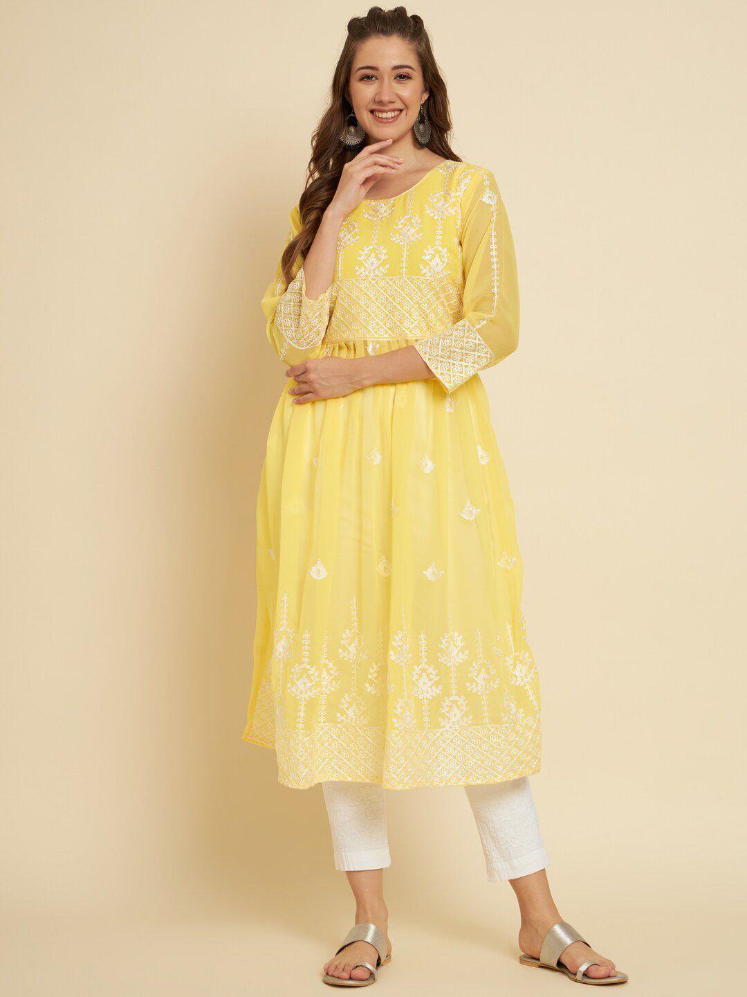 here&now women yellow ethnic motifs embroidered flared sleeves gotta patti georgette kurta