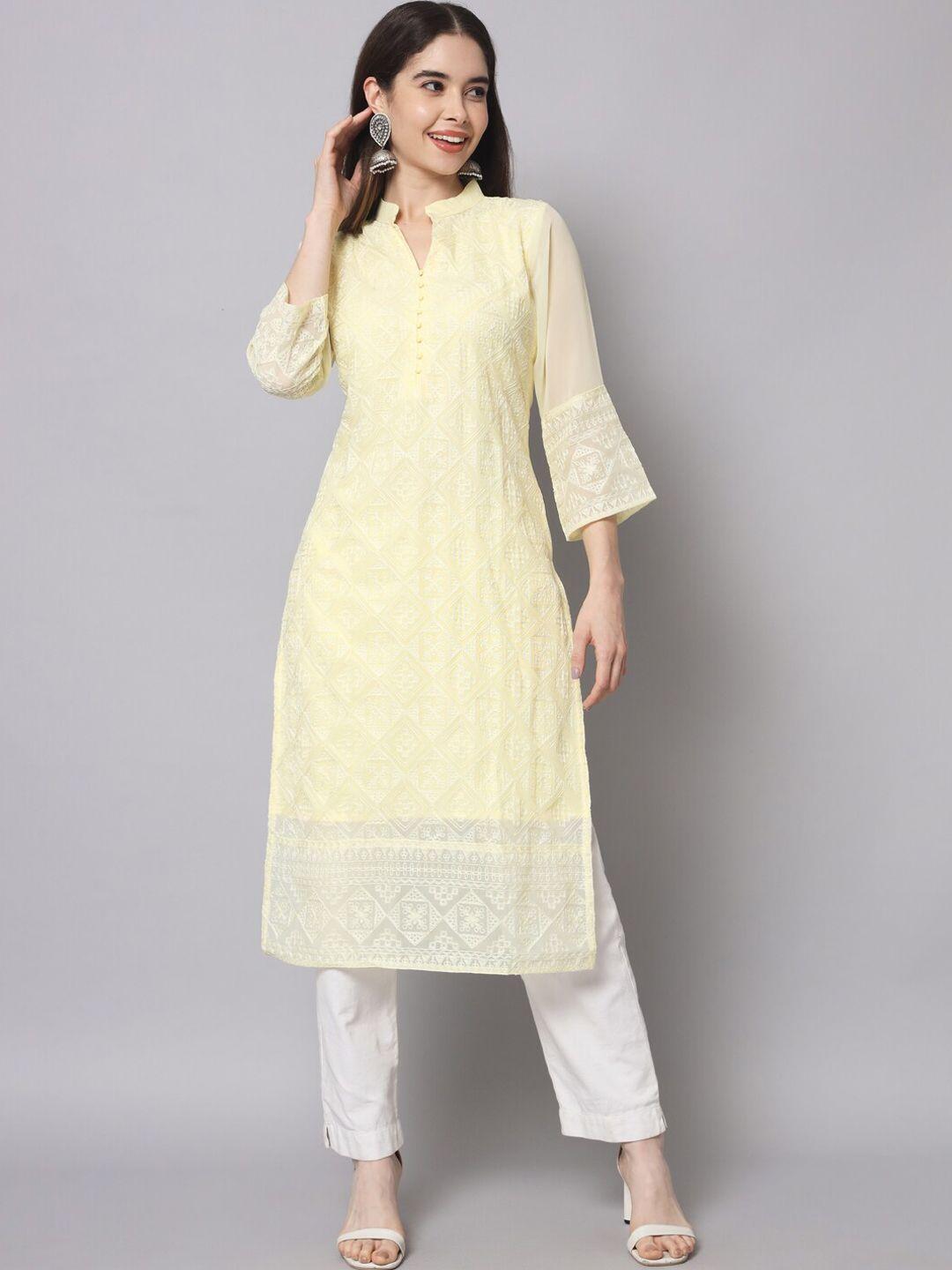 here&now women yellow ethnic motifs embroidered thread work georgette kurta