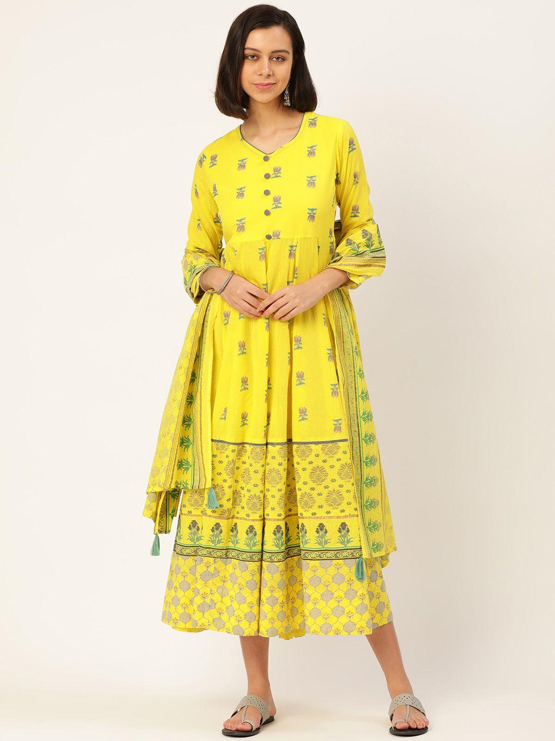 here&now women yellow ethnic motifs printed anarkali kurta with dupatta