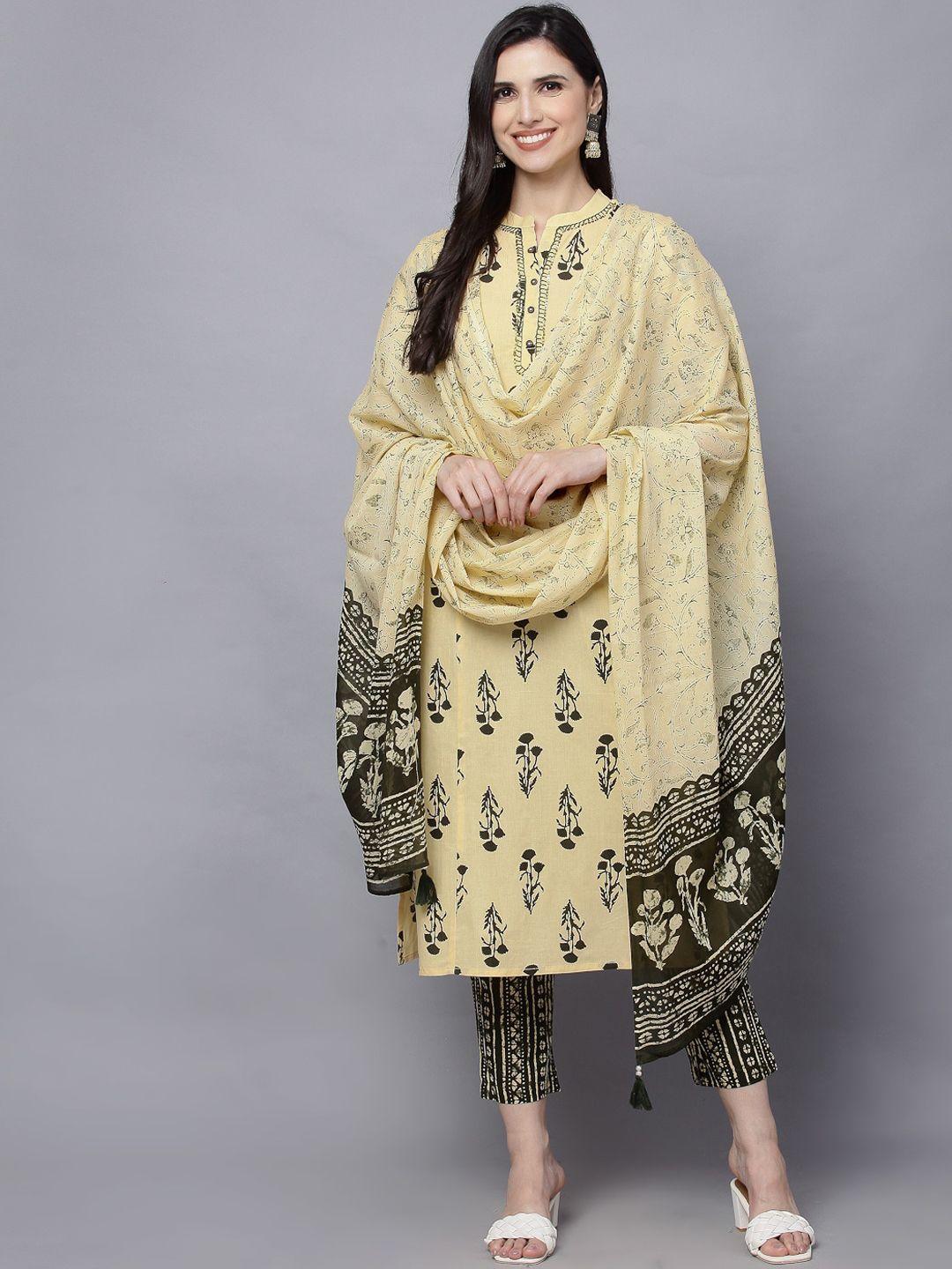 here&now women yellow ethnic motifs printed pleated pure cotton kurti with trousers & with dupatta