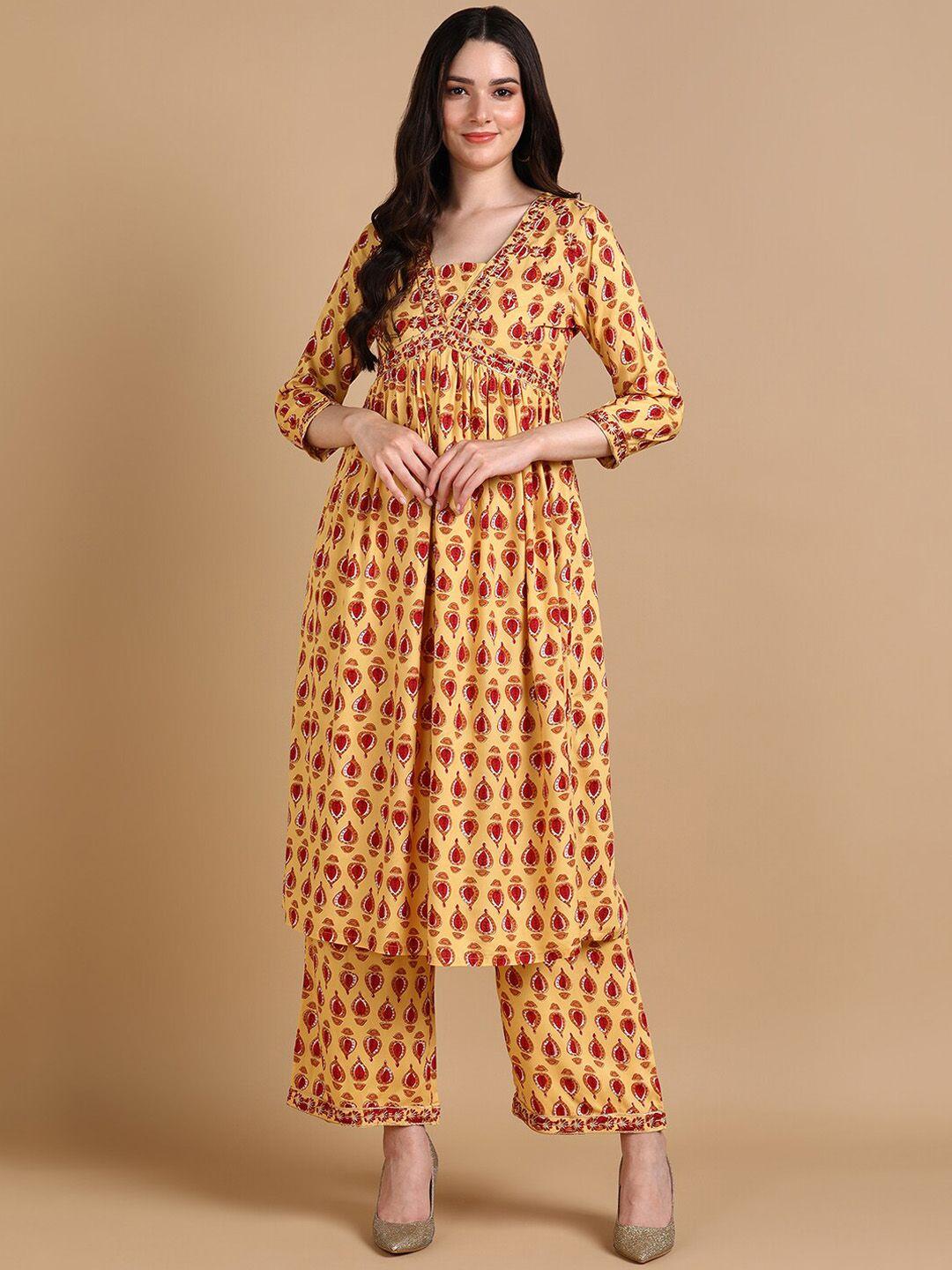 here&now women yellow floral printed empire thread work kurta with palazzos