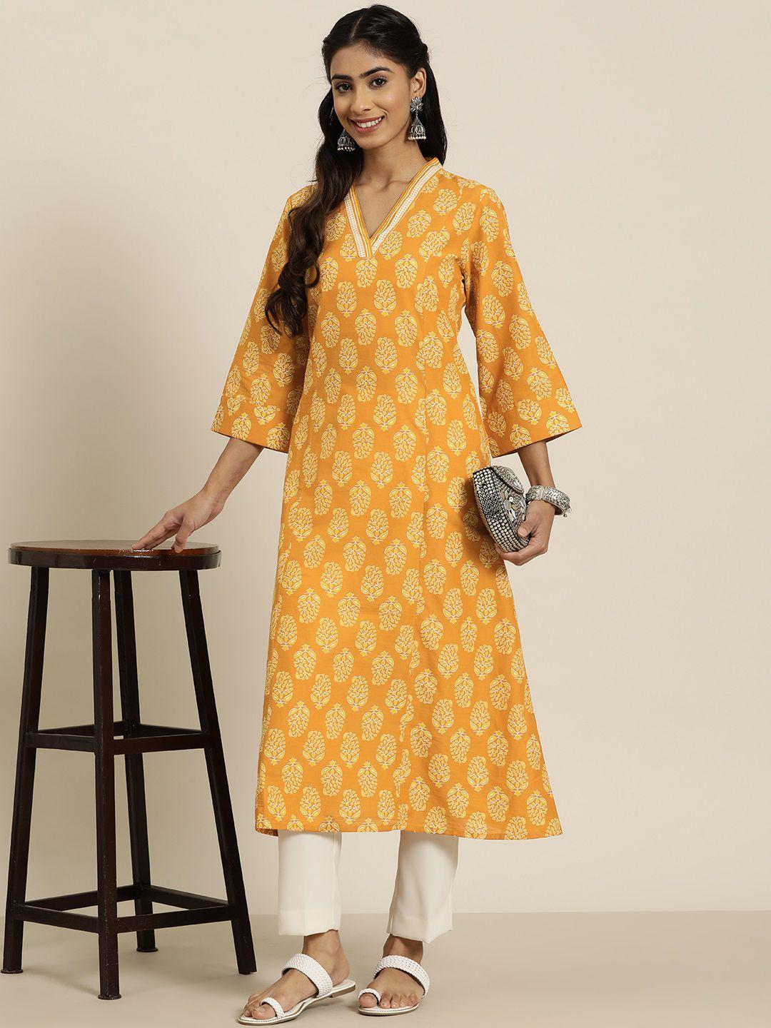 here&now women yellow floral printed kurta