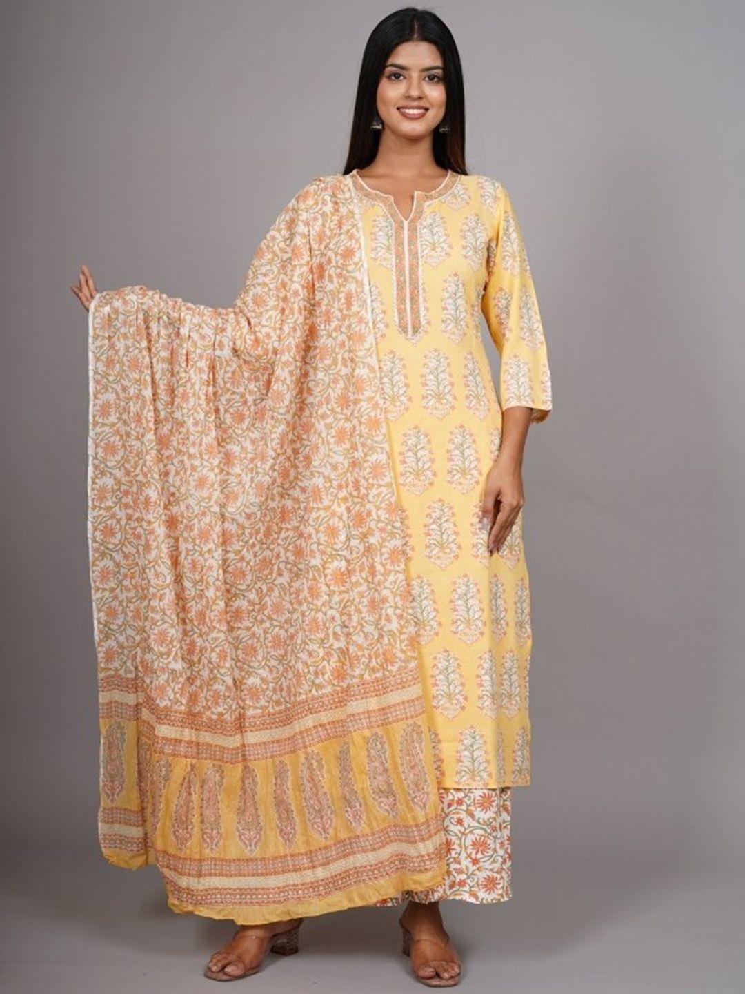 here&now women yellow floral printed thread work kurta with palazzos & with dupatta