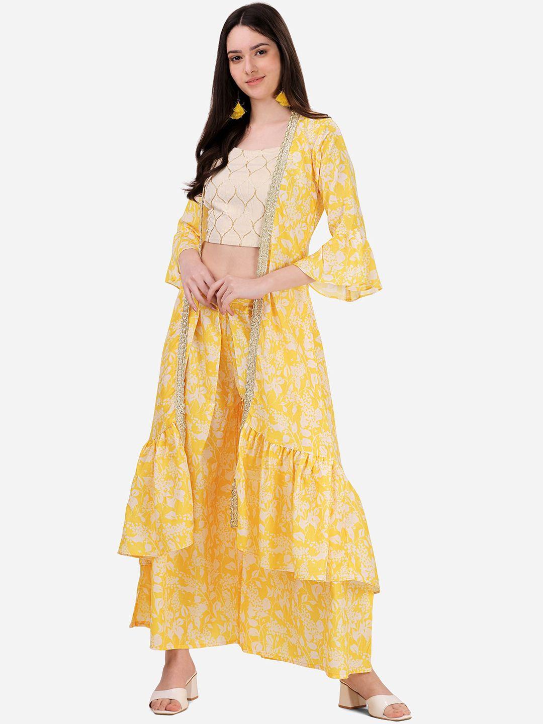 here&now women yellow floral printed thread work top with palazzos