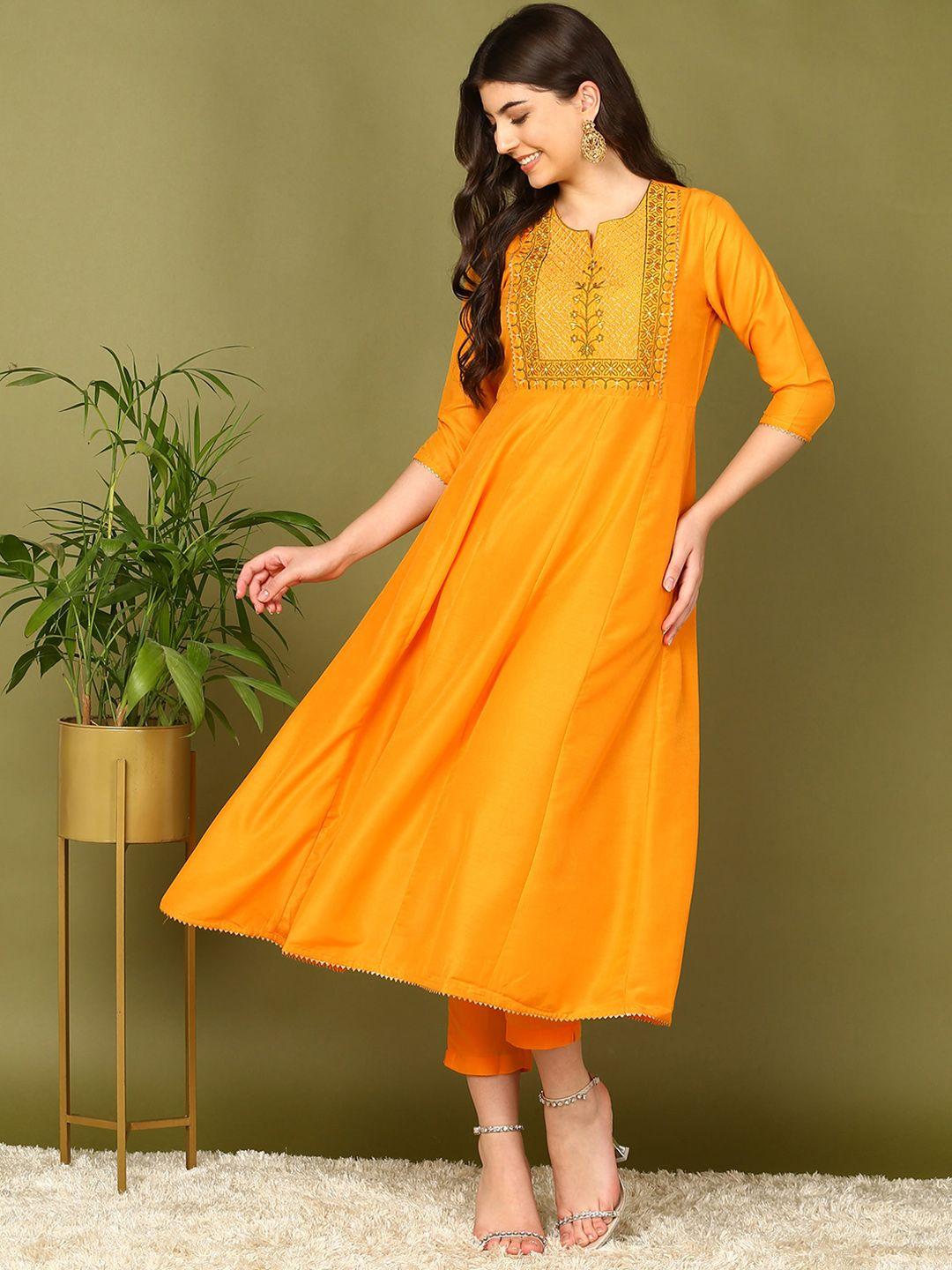 here&now women yellow floral yoke design empire thread work kurta with trousers & with dupatta
