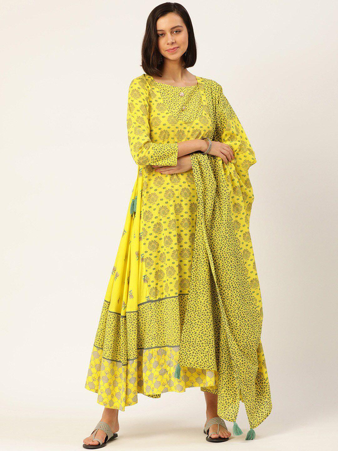 here&now women yellow printed asymmetric pure cotton kurta with trouser set