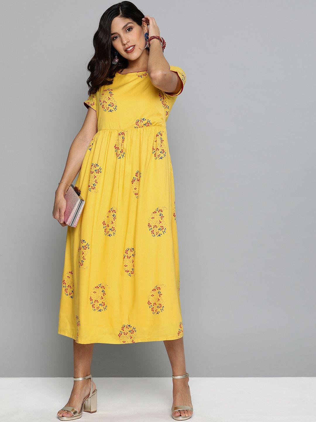 here&now women yellow printed fit and flare dress