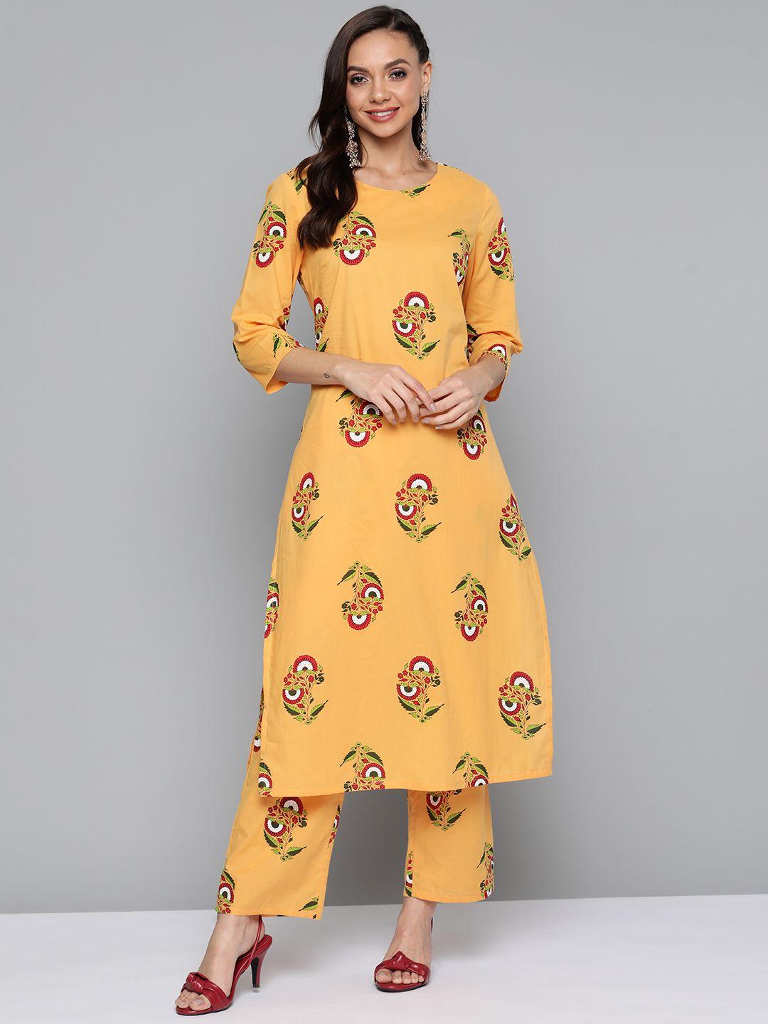 here&now women yellow printed pure cotton kurta with palazzos