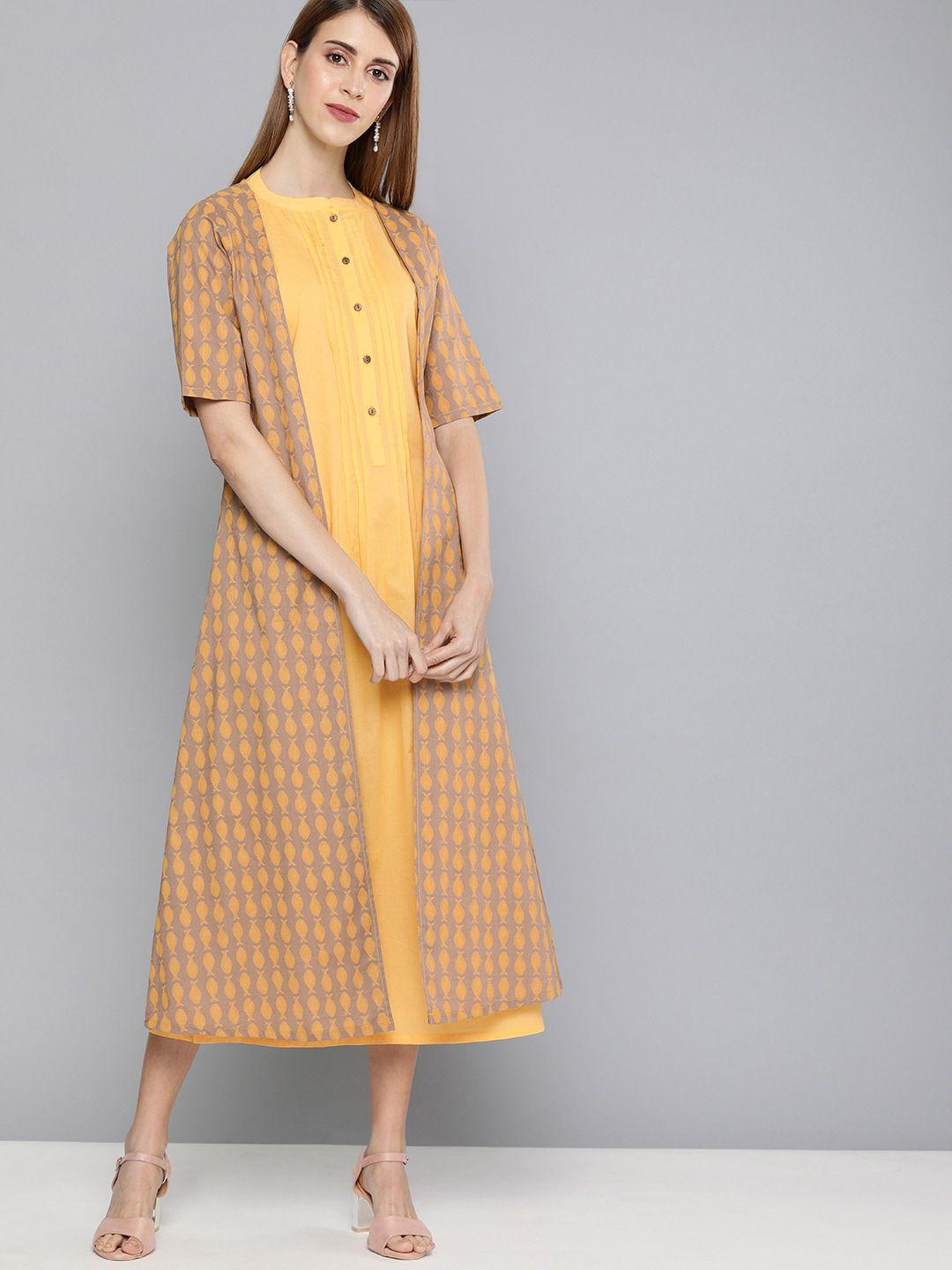 here&now women yellow solid maxi layered dress with jacket